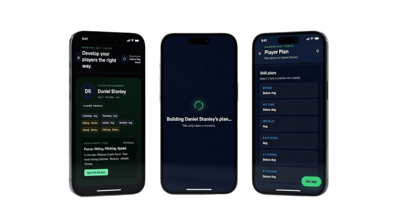 Three iPhones showing Modern Day Coach player hub, plan building, and skill plan screens.
