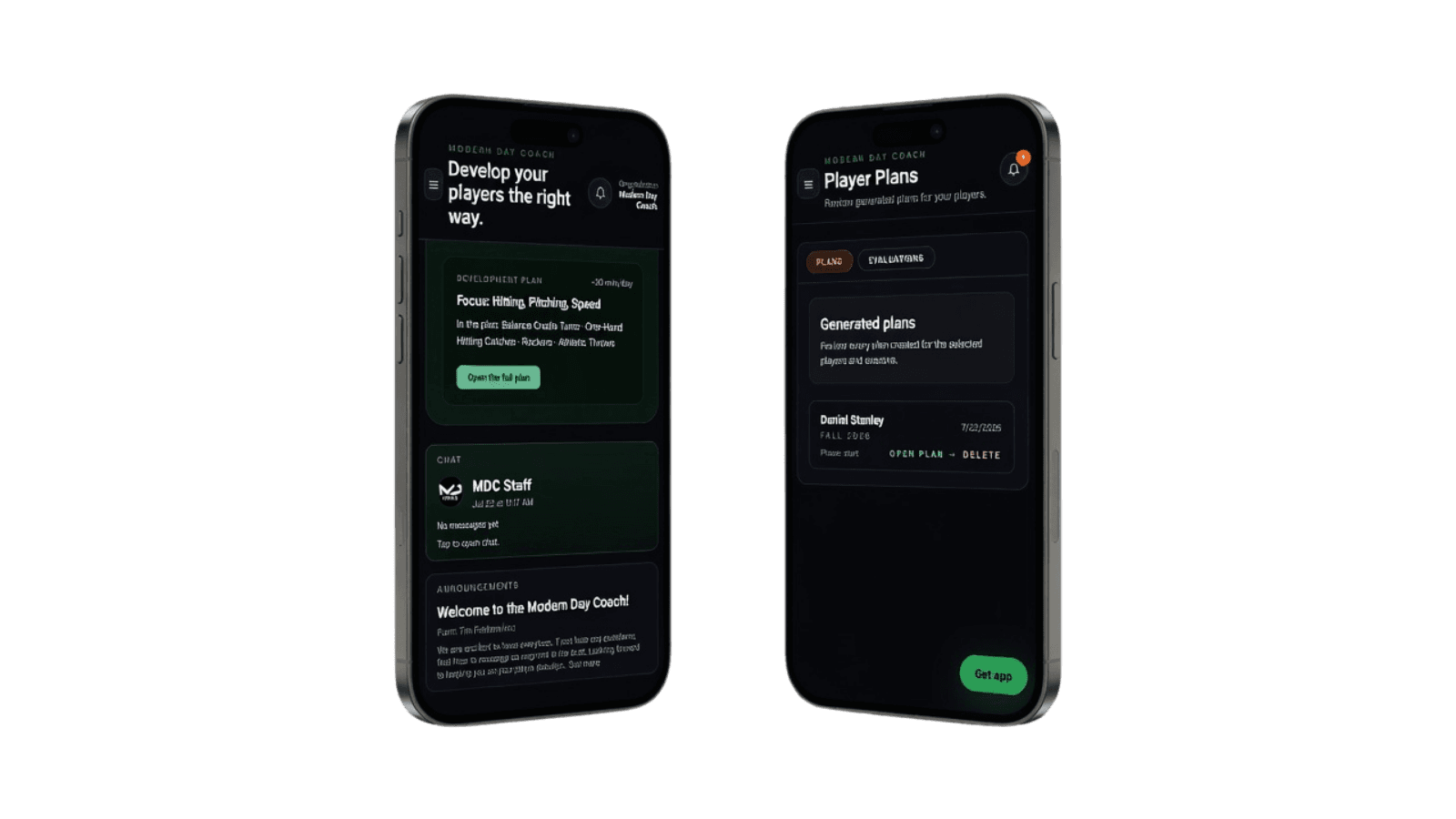 iPhone mockups showing the Modern Day Coach player dashboard and support experience.